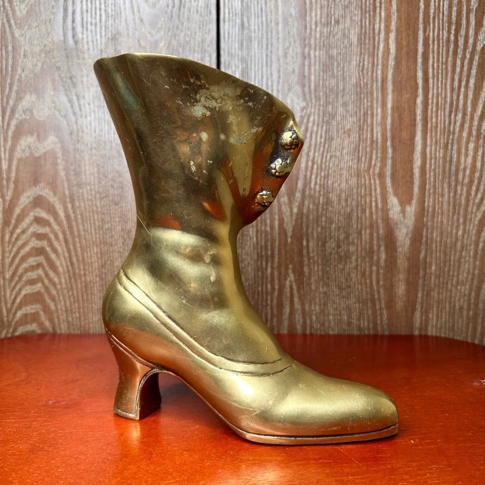 Vintage Solid Brass Victorian High Top Button Boot Vase Planter Decor 9